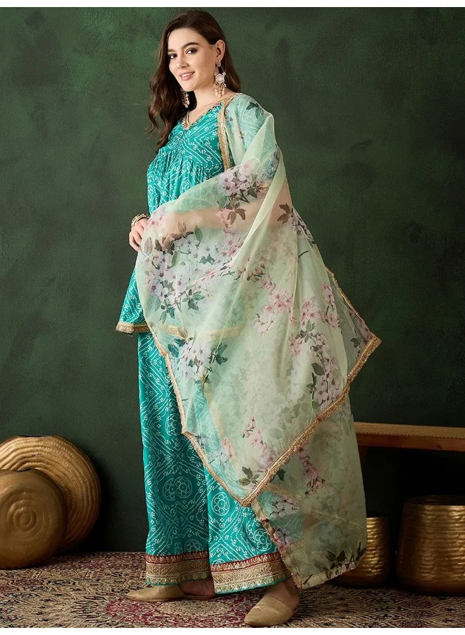 AKS  Green bandhani Sharara Kurta with Floral Organza Dupatta for Women | Best Price UAE