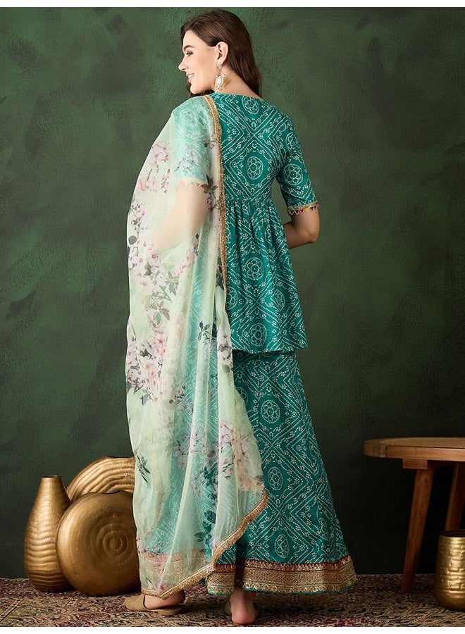 أيه كيه إس كرتا شارارا بانداني أخضر مع دوباتا أورجانزا مطبوع بالزهور - Image 5