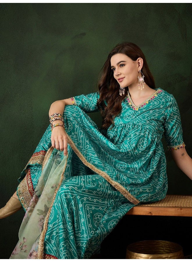 أيه كيه إس كرتا شارارا بانداني أخضر مع دوباتا أورجانزا مطبوع بالزهور - Image 1