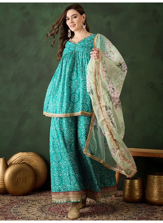 AKS  Green bandhani Sharara Kurta with Floral Organza Dupatta for Women | Best Price UAE