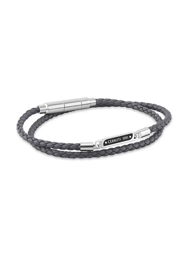 شيروتي 1881 Emiliano Silver Plated Stainless Steel Grey Double Braided Leather Bracelet for Men 400mm