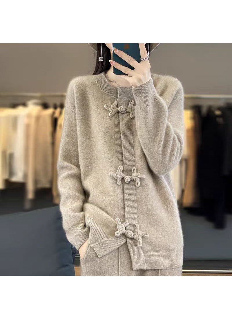 Generic - 2024 Womens Cardigan Round Neck Chinese Style Button Knit Wool Long Sleeve Loose Fit Sweater Jacket Thickened For Outerwear Camel - Image 1