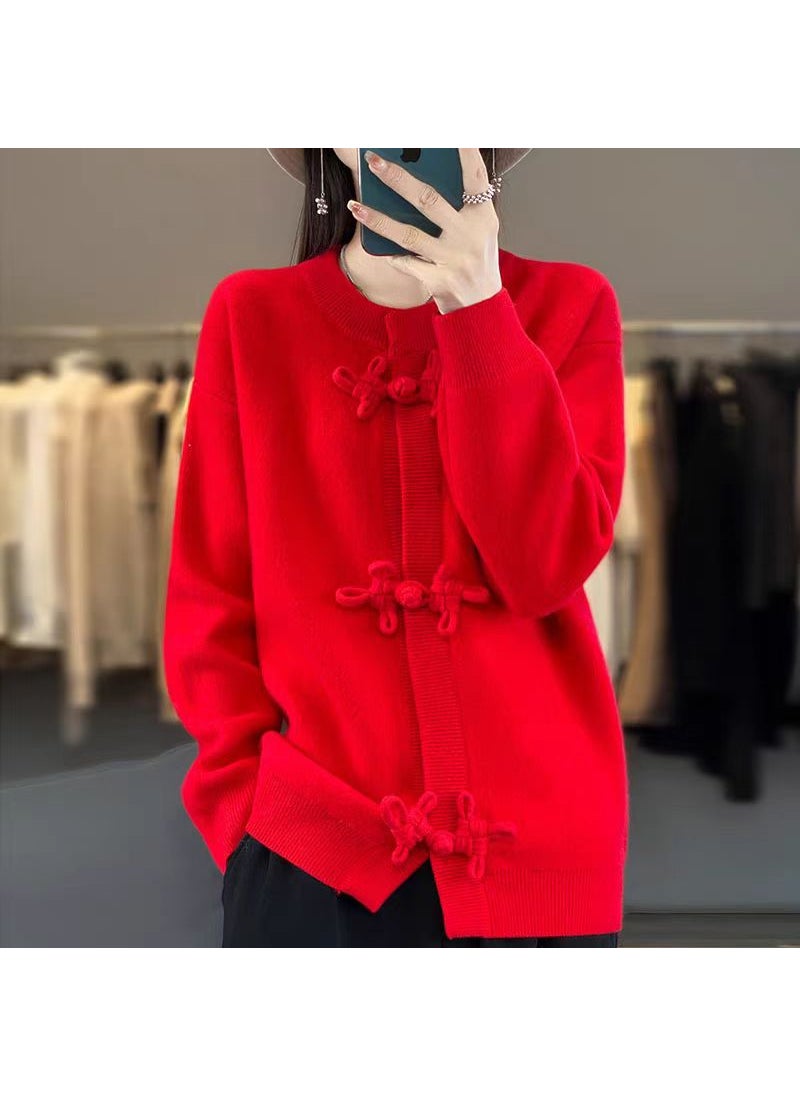 Generic - 2024 Womens Cardigan Round Neck Chinese Style Button Knit Wool Long Sleeve Loose Fit Sweater Jacket Thickened For Outerwear Camel - Image 1