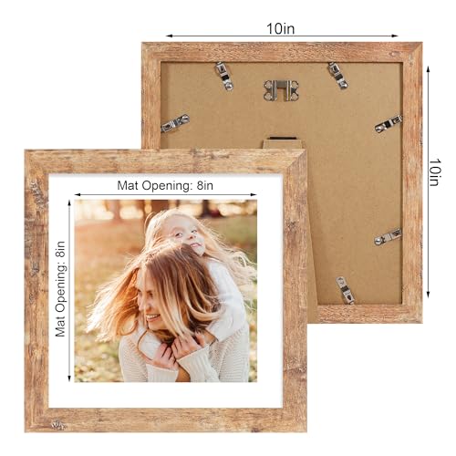iRahmen 10x10 Picture Frame Set of 4 with Real Glass, Rustic Brown Frames Display 8x8 Picture with Mat or 10 x 10 Without Mat, Wooden Square Photo Frame for Wall Mount and Tabletop Display - Image 4