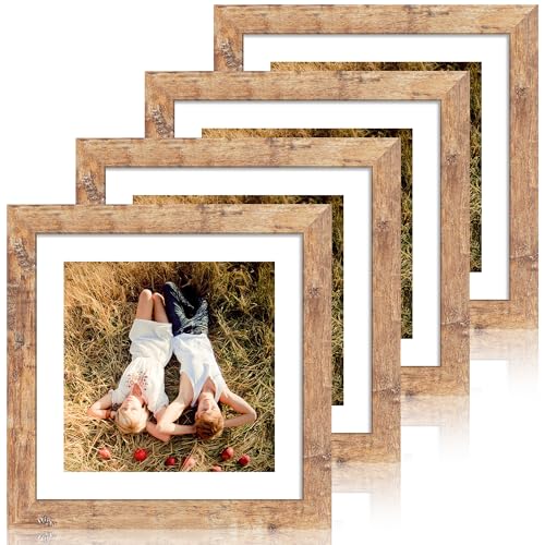 iRahmen 10x10 Picture Frame Set of 4 with Real Glass, Rustic Brown Frames Display 8x8 Picture with Mat or 10 x 10 Without Mat, Wooden Square Photo Frame for Wall Mount and Tabletop Display - Image 1