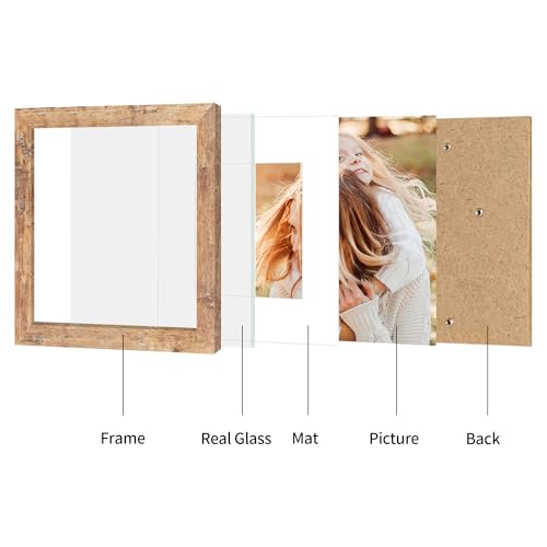 iRahmen 10x10 Picture Frame Set of 4 with Real Glass, Rustic Brown Frames Display 8x8 Picture with Mat or 10 x 10 Without Mat, Wooden Square Photo Frame for Wall Mount and Tabletop Display - Image 3