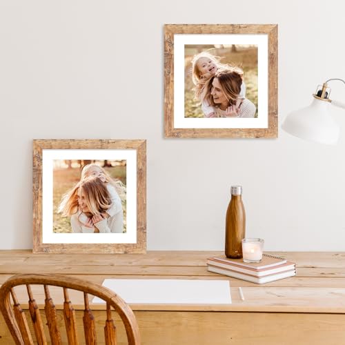 iRahmen 10x10 Picture Frame Set of 4 with Real Glass, Rustic Brown Frames Display 8x8 Picture with Mat or 10 x 10 Without Mat, Wooden Square Photo Frame for Wall Mount and Tabletop Display - Image 2