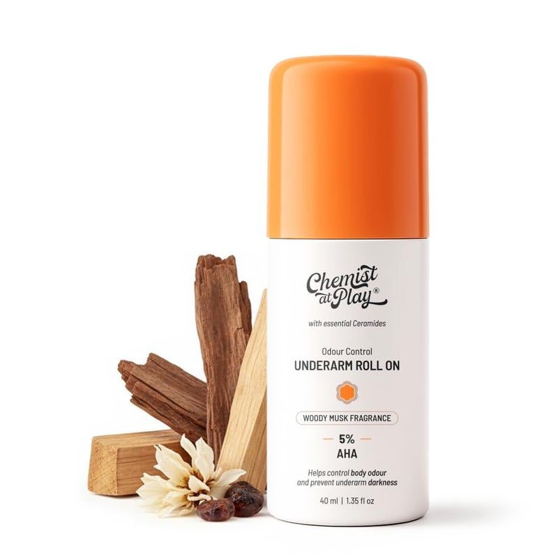 Chemist at Play UnderArm Roll-On with 5% AHA|Lactic & Mandelic Acid|Prevents Odour, Brightens Skin & Exfoliates Underarm|For Sensitive Skin |Woody Musk Fragrance |Alcohol & Aluminium Free | 1.35 fl oz - Image 1