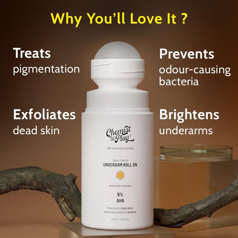 Chemist at Play UnderArm Roll-On with 5% AHA|Lactic & Mandelic Acid|Prevents Odour, Brightens Skin & Exfoliates Underarm|For Sensitive Skin |Woody Musk Fragrance |Alcohol & Aluminium Free | 1.35 fl oz - Image 2