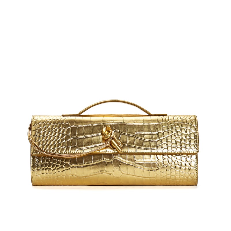 Clch Hand-Woven Cowhide Evening Bag Baguette Bag Lock Horizontal Style Satchel Shoulder Crossbody Bag For Women - Image 3