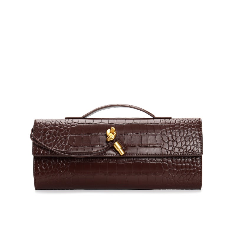Clch Hand-Woven Cowhide Evening Bag Baguette Bag Lock Horizontal Style Satchel Shoulder Crossbody Bag For Women - Image 1