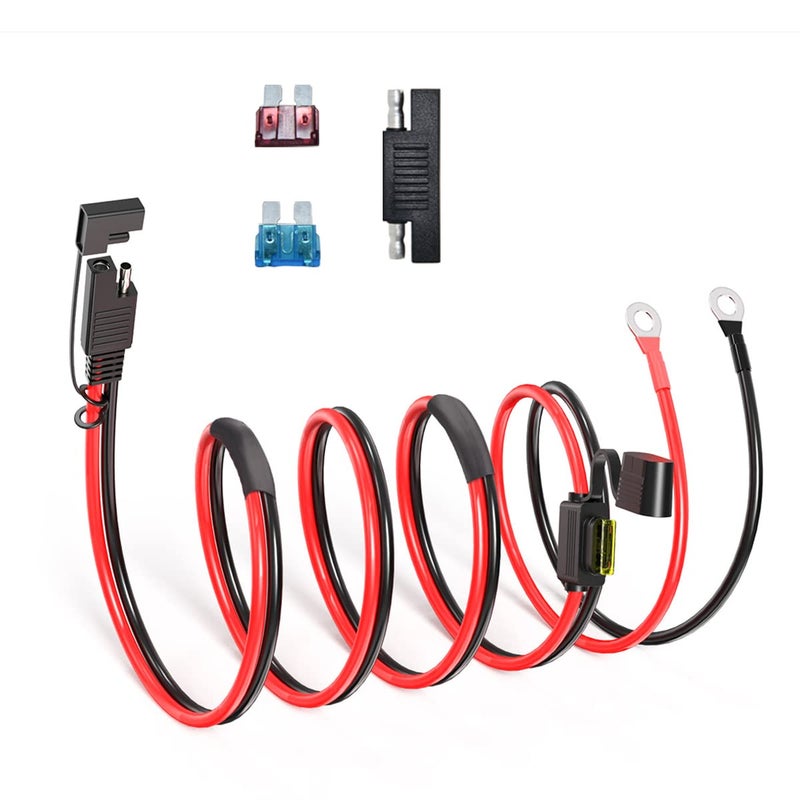 ELFCULB SAE to O Ring Terminal Harness 14AWG 10FT SAE Battery Connector 2 Pin Quick Disconnect Plug Cable with 10A 15A 20A Fuse Compatible for Motorcycle Cars RV