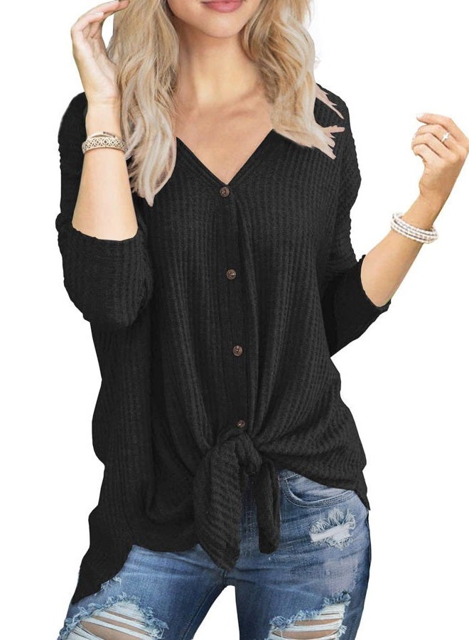 IWOLLENCE Women's Waffle Knit Tunic Blouse Tie Knot Henley Tops Loose Fitting Bat Wing Plain Shirts, 07 Army Green, XS - Image 1