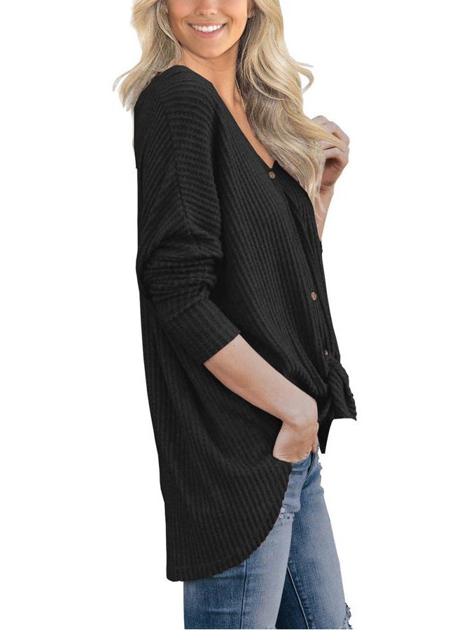 IWOLLENCE Women's Waffle Knit Tunic Blouse Tie Knot Henley Tops Loose Fitting Bat Wing Plain Shirts, 07 Army Green, XS - Image 3