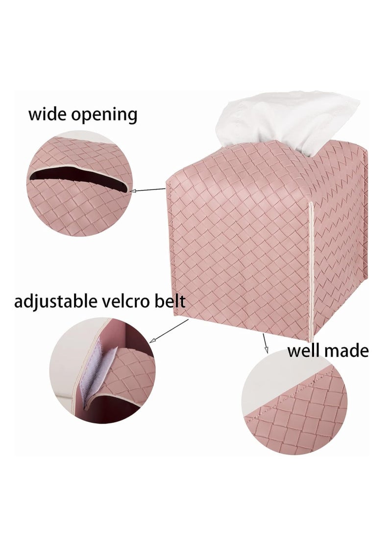 KASTWAVE Tissue Box, PU Leather Woven Square Kleenex Storage Box, Tissue Organizer Rack For Bathroom Dresser Desktop Car Desk Bedroom Pink  - Image 2