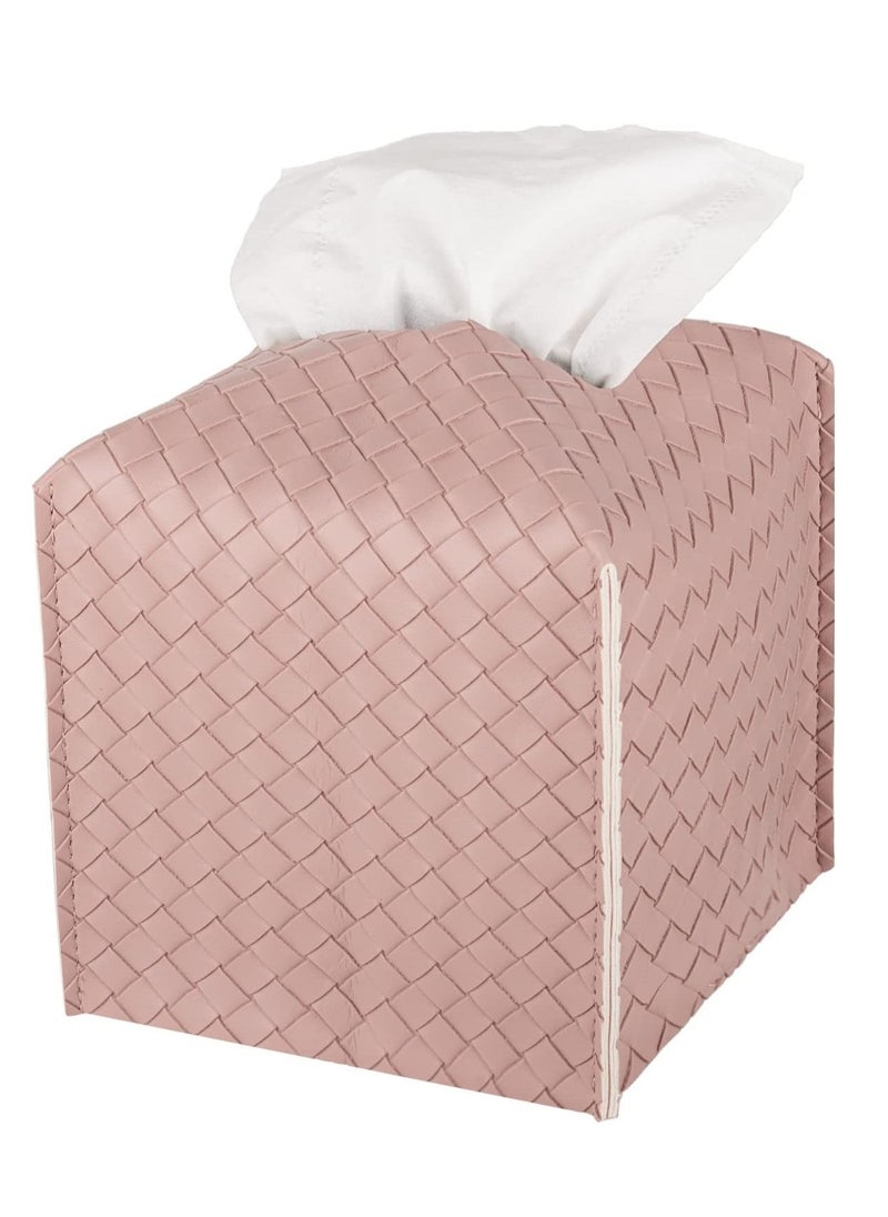 KASTWAVE Tissue Box, PU Leather Woven Square Kleenex Storage Box, Tissue Organizer Rack For Bathroom Dresser Desktop Car Desk Bedroom Pink  - Image 1