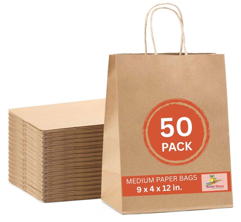 RanGit Bhumi ® Kraft Paper Bags with H⩽ - 9"x12"x4" 50pcs Medium Brown Paper Carry Bags for Shopping Retail,Merch&ise,Party Favor Return Gift Bags,Disposable Paper Covers (9x4x12 in Brown,50 pack) - Image 1