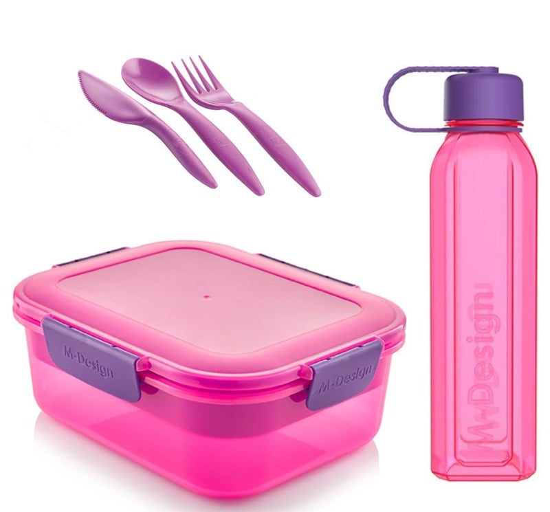 M-Design Lunch Set - 2.1L Lunch Box, 800ml Water Bottle & 3pc. Cutlery Set - Pink