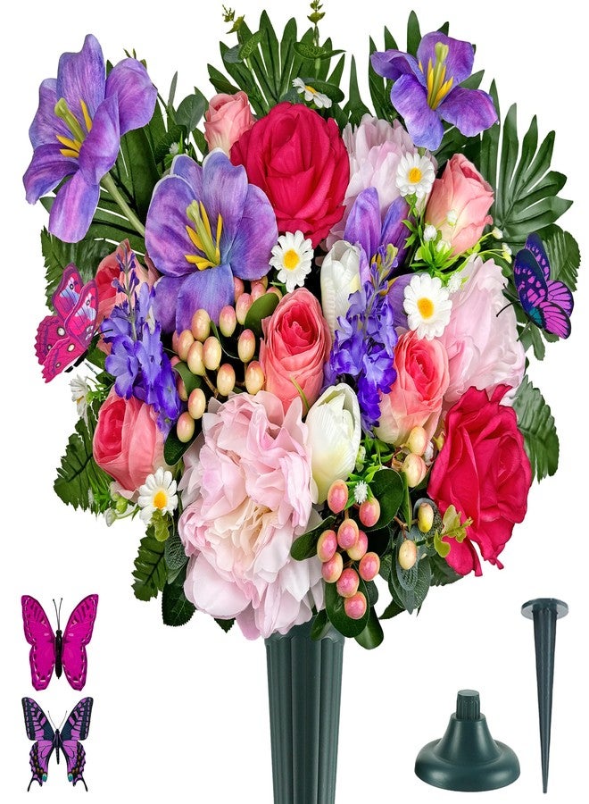 HENOMO Artificial Cemetery Flower for Grave, Silk Grave Flower for Headstone Tombstone Decoration - Rose Hibiscus Tulip,Easy Fit and Colorfast - Image 1