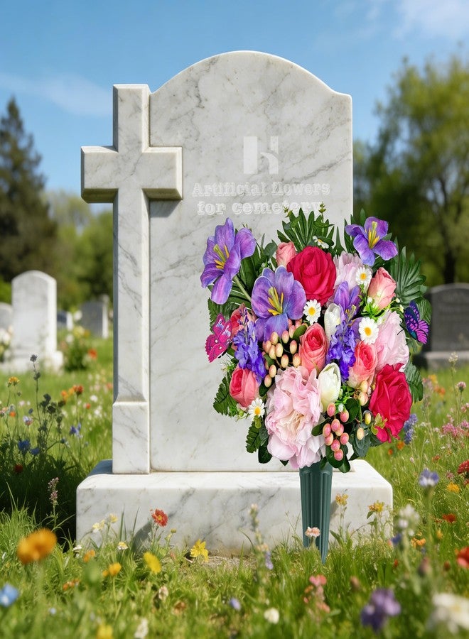 HENOMO Artificial Cemetery Flower for Grave, Silk Grave Flower for Headstone Tombstone Decoration - Rose Hibiscus Tulip,Easy Fit and Colorfast - Image 3
