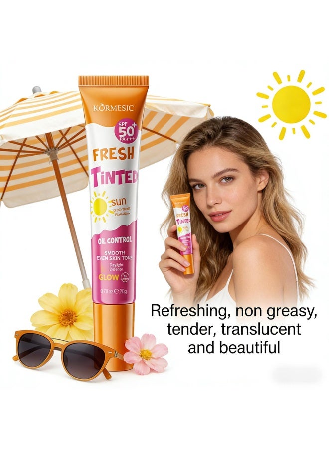 Kormesic واقي شمس ملون من كورميسيك بمعامل SPF 50+، للتحكم في الزيوت وتوحيد لون البشرة، حماية واسعة الطيف UVA/UVB PA++++، كريم شمس يومي منعش غير دهني، بدون طبقة بيضاء، 20 غرام - Image 1