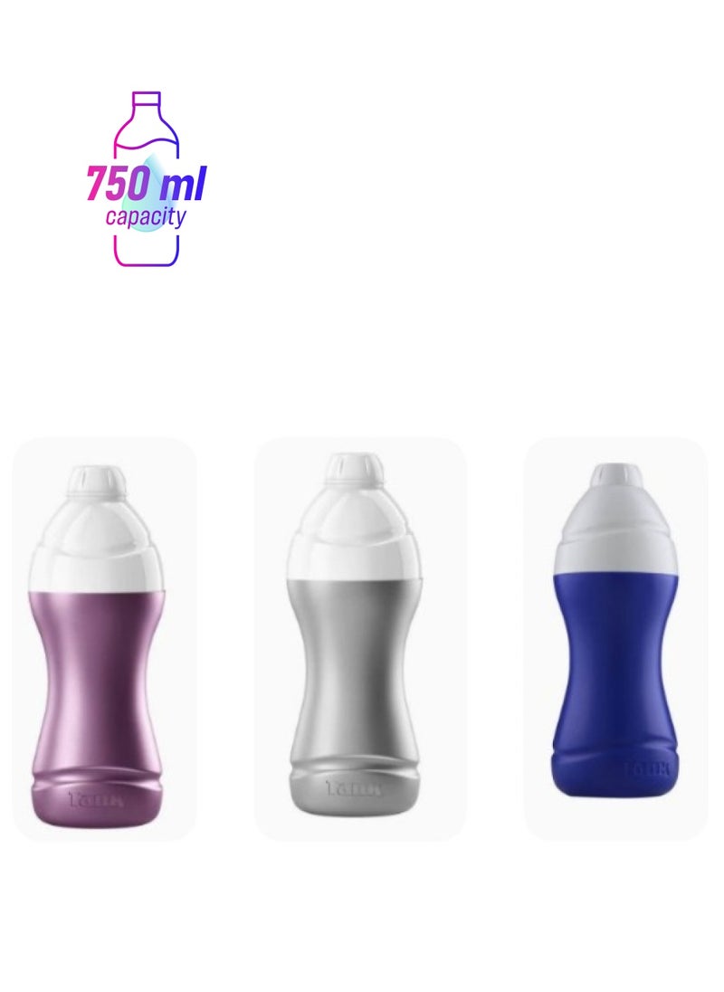 TANK 3-Piece Me Plastic Water Bottles Purple /Gray/blue 750ml 