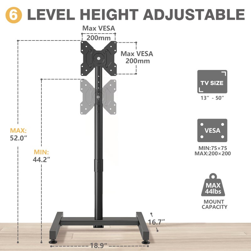 TVON TV Floor Stand for 13-50 inch LCD LED Flat/Curved Panel Screen TVs up to 44 lbs, Height Adjustable TV Stand Mount with VESA 200x200, Portable TV Stand for Bedroom, Dorm Room, Office - Image 5