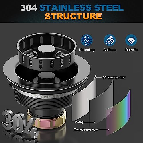 BOTEMY 3-1/2 inch Pop Up Kitchen Sink Drain Strainer Assembly 304 Stainless Steel with Removable Strainer Basket Stopper, Matte Black - Image 3