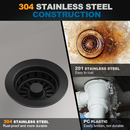BOTEMY 3-1/2 inch Pop Up Kitchen Sink Drain Strainer Assembly 304 Stainless Steel with Removable Strainer Basket Stopper, Matte Black - Image 5