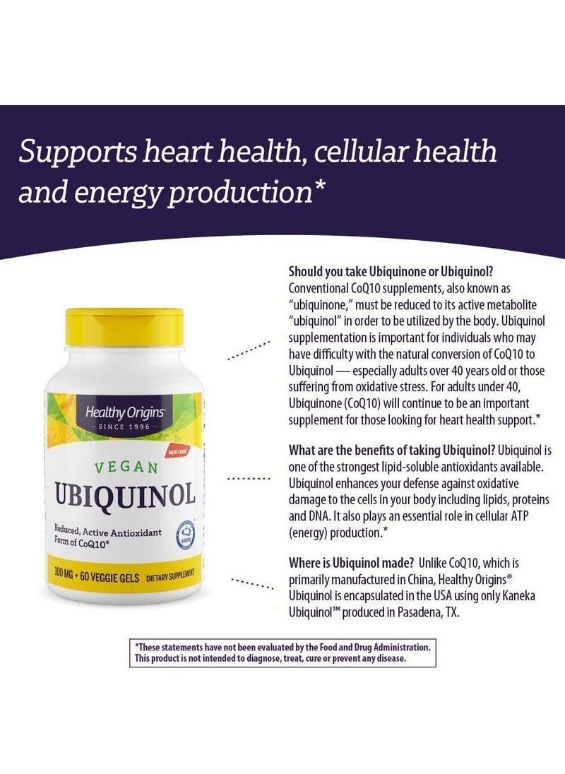 Healthy Origins - Ubiquinol Vegan Reduced, Active Antioxidant Form of CoQ10* 100mg 60 Veggie Gels Dietary Supplements - Image 1