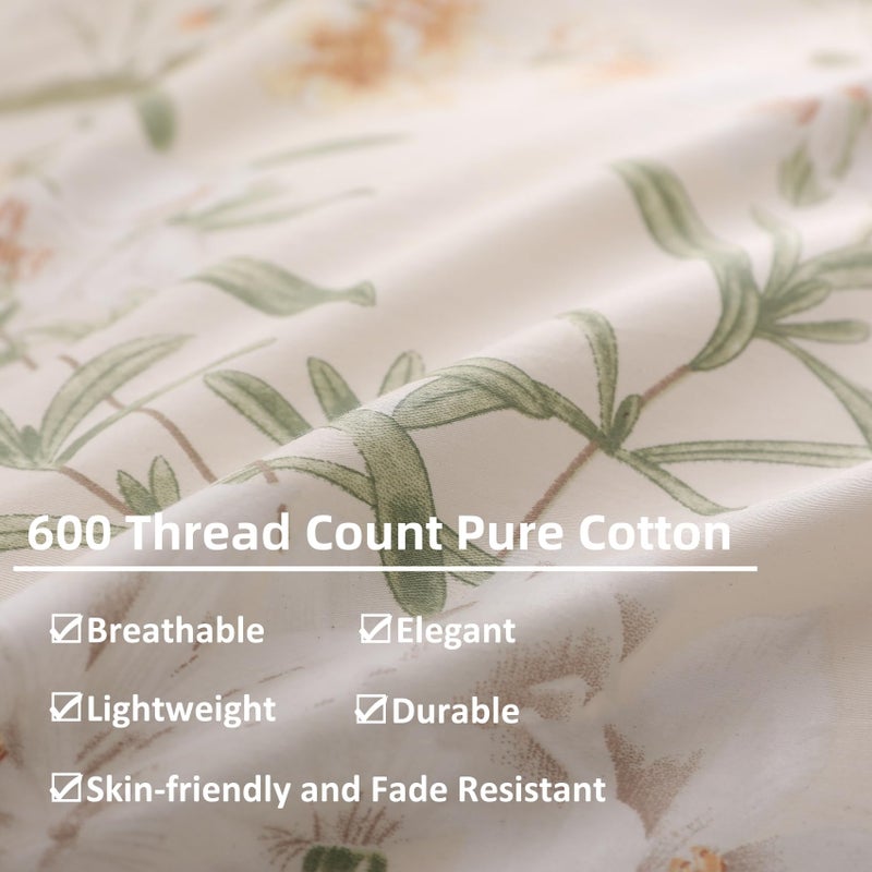 OAITE Duvet Cover Set Twin Size Floral Pattern 600 Thread Count Ultra Soft 100% Long Staple Cotton Duvet Cover Sets 3-PC  Breathable Duvet Cover with Zipper Closure & Corner Ties - Image 4
