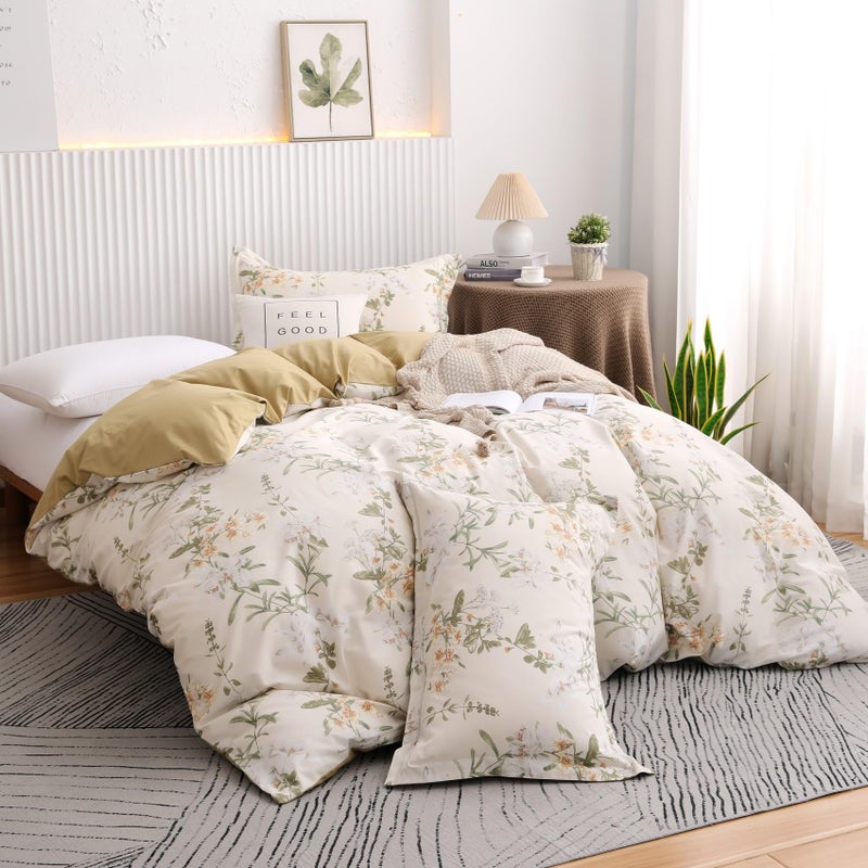 OAITE Duvet Cover Set Twin Size Floral Pattern 600 Thread Count Ultra Soft 100% Long Staple Cotton Duvet Cover Sets 3-PC  Breathable Duvet Cover with Zipper Closure & Corner Ties - Image 2