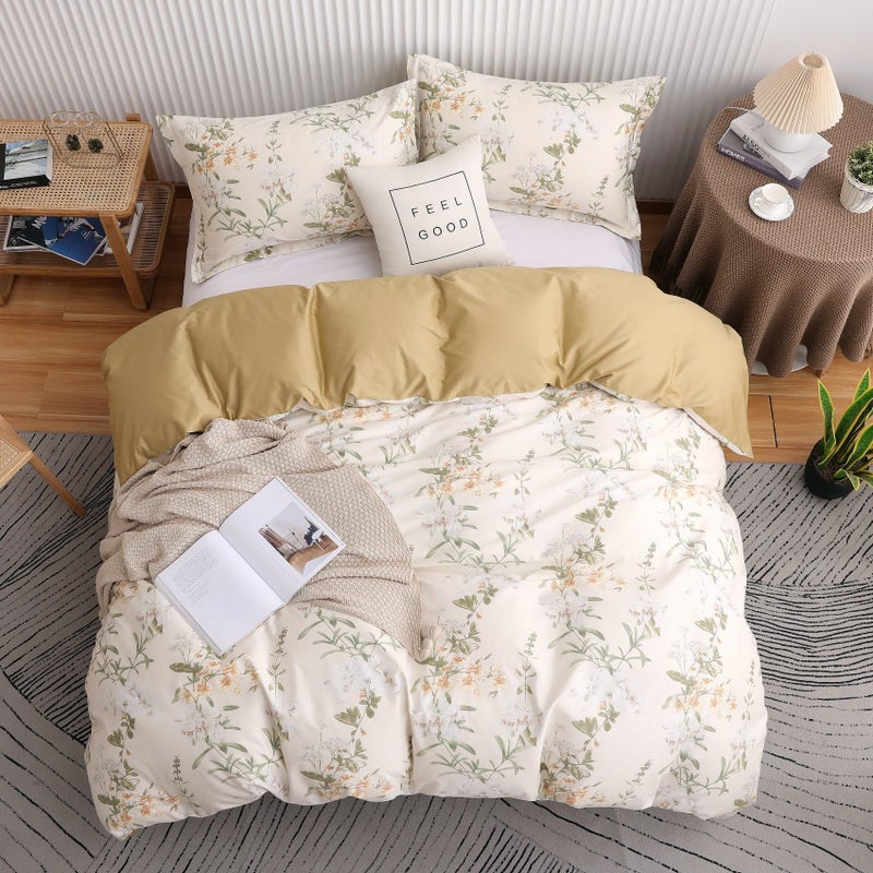 OAITE Duvet Cover Set Twin Size Floral Pattern 600 Thread Count Ultra Soft 100% Long Staple Cotton Duvet Cover Sets 3-PC  Breathable Duvet Cover with Zipper Closure & Corner Ties - Image 3