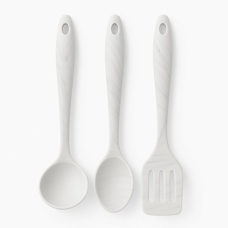 3PCS Silicone Kitchen Utensils Set 3PCS â€“ Soup Ladle + Serving Spoon + Slotted Spoon â€“ Food Contact Safe, Heat Resistant Up to 230Â°C, Suitable for Nonstick Utensils, Ergonomic Handle (White)