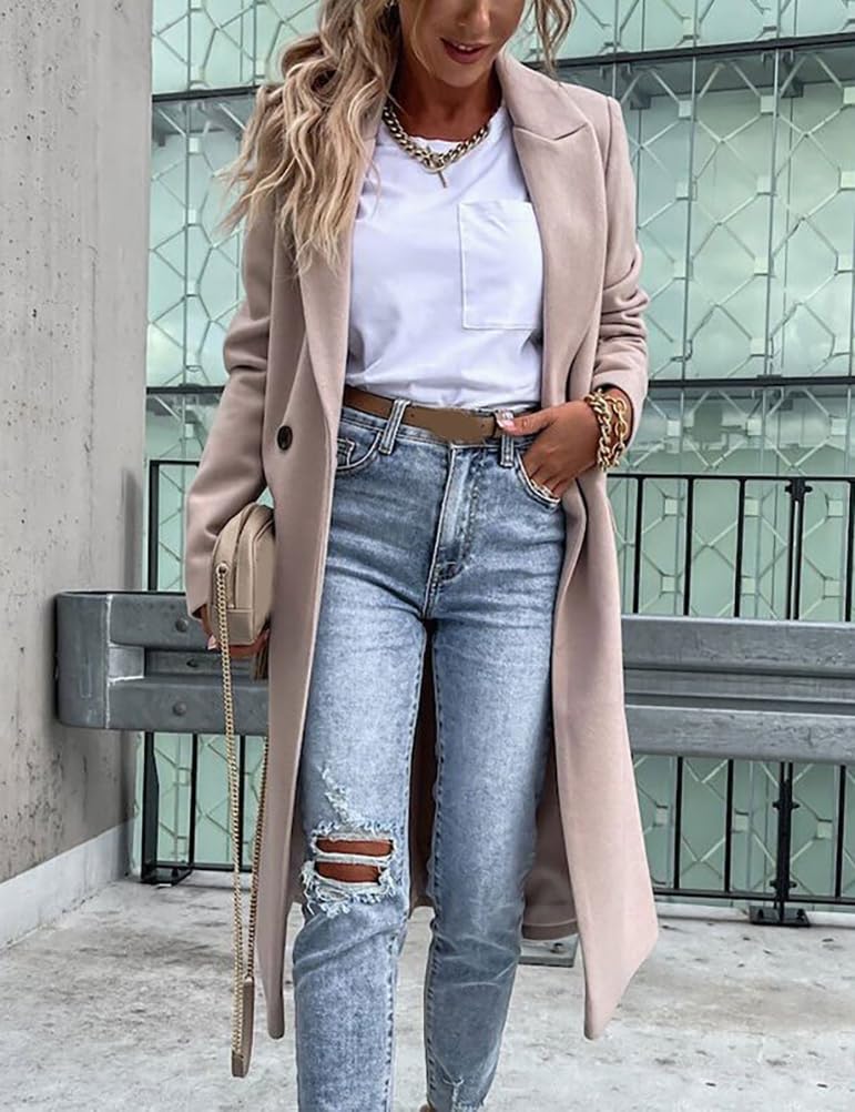 IDEALSANXUN Long Wool Coats for Women 2025 Trench Coat Fall Jackets Winter Coat Dressy Tweed Blazers Peacoat, Beige, M - Image 2