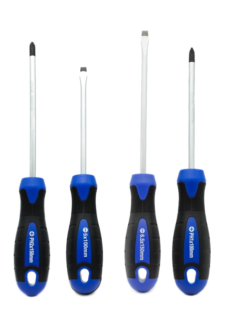 VTOOLS 4Pcs Screwdriver Set, 100-150mm Phillips and Slotted, Magnetic Tip With Non-Slip Comfortable Handle - Image 1