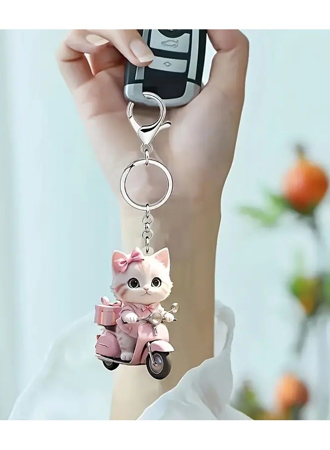Goolsky Charming Pink Cat on Motorcycle Acrylic Keychain - Animal Design for Car Keys, Wallets & Backpacks - 1pc - Image 1