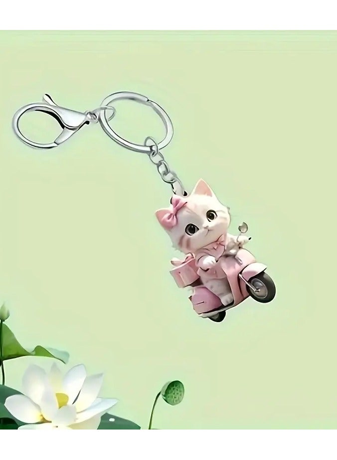 Goolsky Charming Pink Cat on Motorcycle Acrylic Keychain - Animal Design for Car Keys, Wallets & Backpacks - 1pc - Image 2