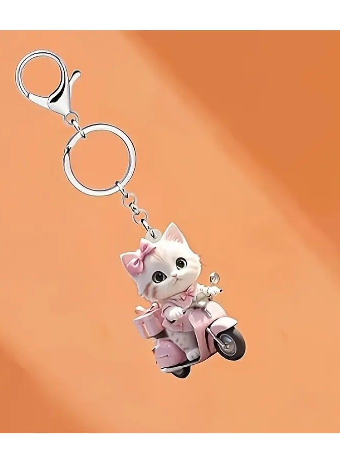 Goolsky Charming Pink Cat on Motorcycle Acrylic Keychain - Animal Design for Car Keys, Wallets & Backpacks - 1pc - Image 4