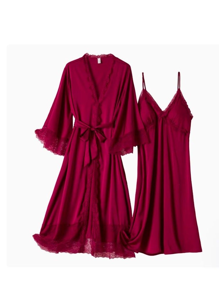 Lace Pajama Women's Thin Ice Silk Two-Piece Set With Suspender Nightgown, Nightgown Extended Version - Image 1