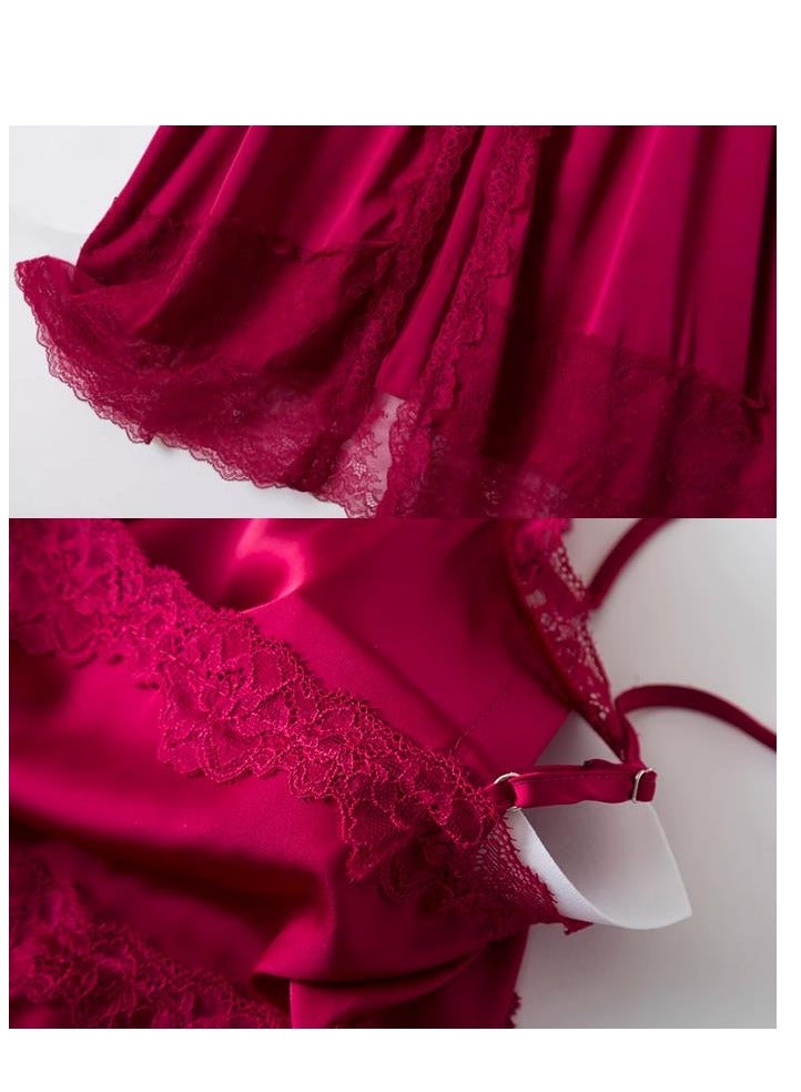 Lace Pajama Women's Thin Ice Silk Two-Piece Set With Suspender Nightgown, Nightgown Extended Version - Image 4