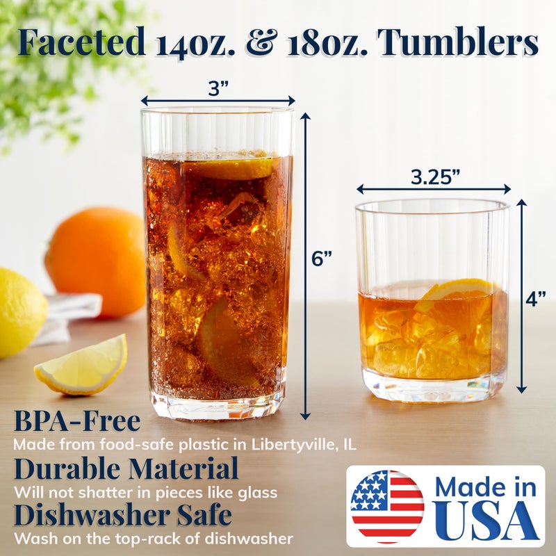 US Acrylic Faceted Clear Plastic Reusable Drinking Glasses (Set of 8) 14oz Rocks & 18oz Water Cups, BPA-Free Tumblers, Made in USA, Top-Rack Dishwasher Safe - Image 2