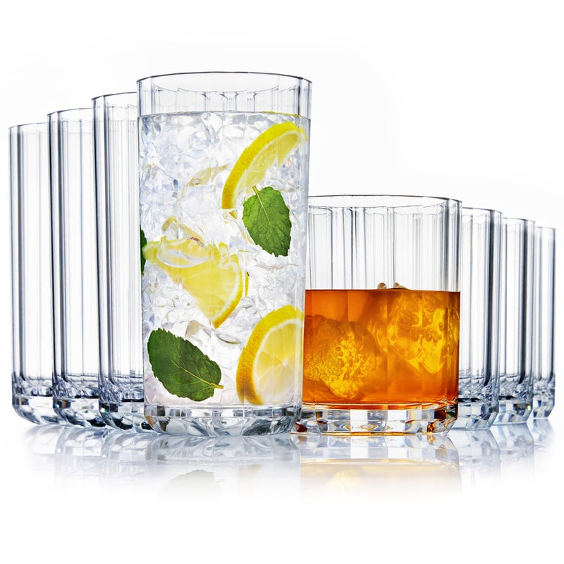 US Acrylic Faceted Clear Plastic Reusable Drinking Glasses (Set of 8) 14oz Rocks & 18oz Water Cups, BPA-Free Tumblers, Made in USA, Top-Rack Dishwasher Safe - Image 1