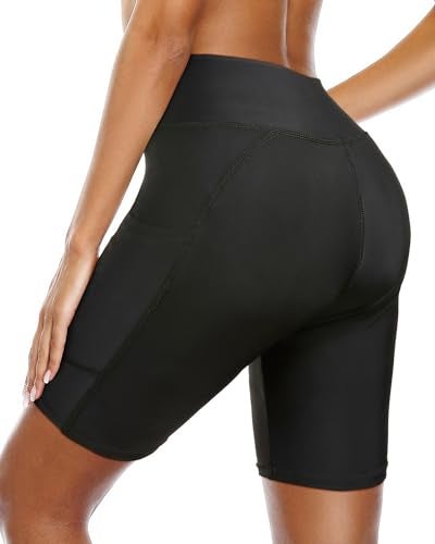 Holipick Black Women High Waisted Swim Shorts Tummy Control Biker Shorts with Pockets Swim Bottoms S - Image 2