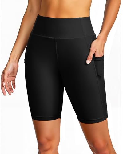 Holipick Black Women High Waisted Swim Shorts Tummy Control Biker Shorts with Pockets Swim Bottoms S - Image 1