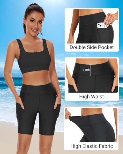 Holipick Black Women High Waisted Swim Shorts Tummy Control Biker Shorts with Pockets Swim Bottoms S - Image 4