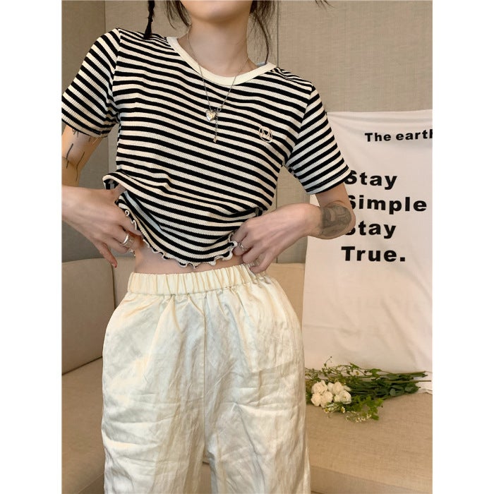Versatile Striped Short-Sleeve T-Shirt For Women, Trendy On Instagram, Summer Korean Style, Slim-Fit Short Top For Students - Image 1