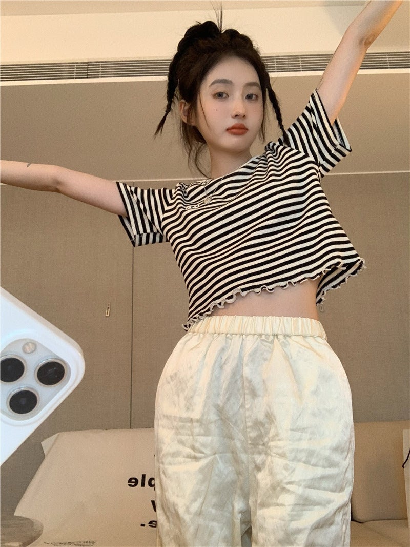Versatile Striped Short-Sleeve T-Shirt For Women, Trendy On Instagram, Summer Korean Style, Slim-Fit Short Top For Students - Image 3
