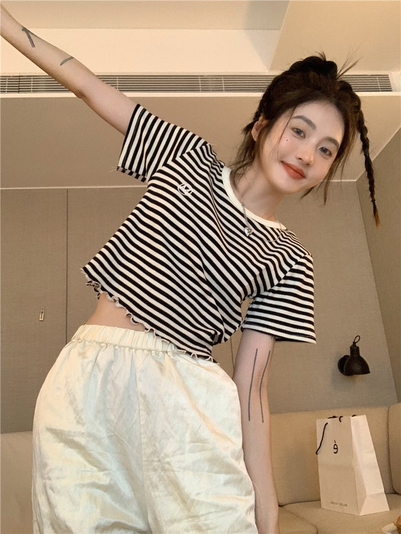 Versatile Striped Short-Sleeve T-Shirt For Women, Trendy On Instagram, Summer Korean Style, Slim-Fit Short Top For Students - Image 5