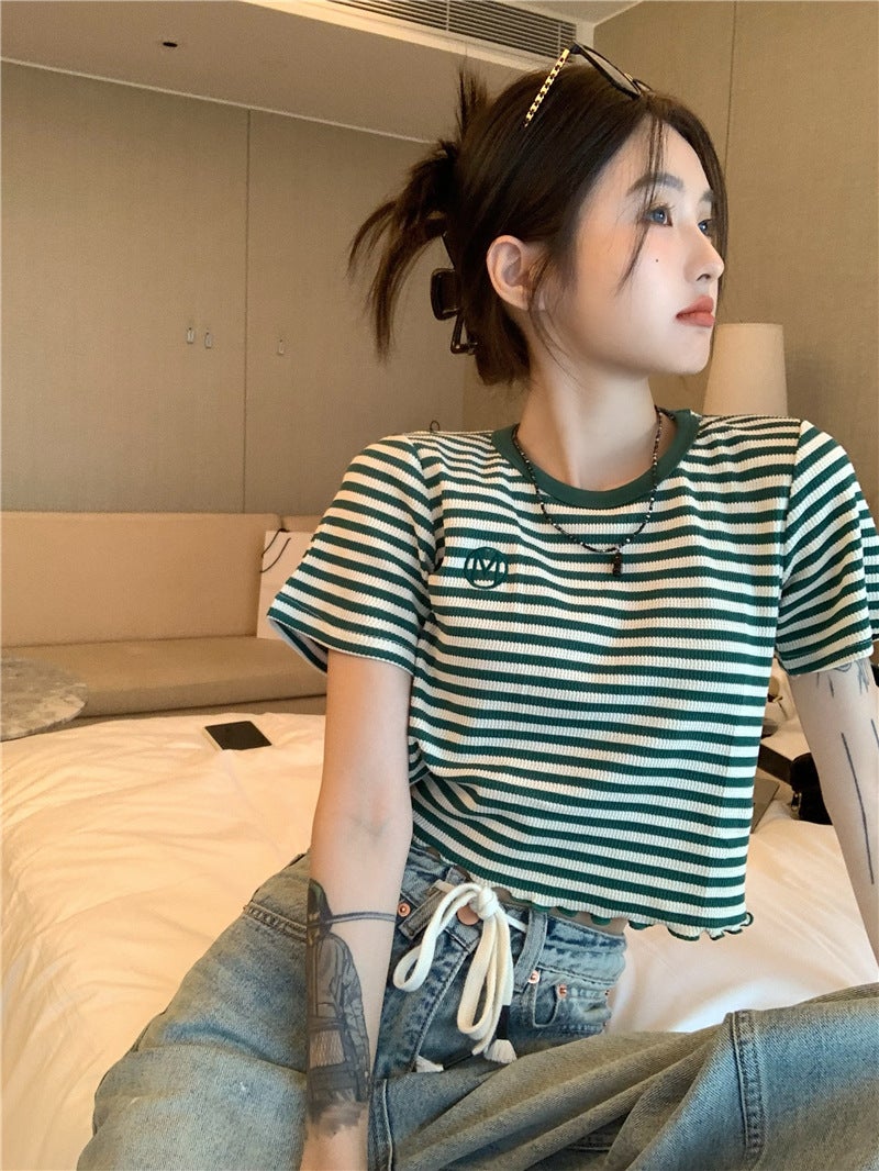 Versatile Striped Short-Sleeve T-Shirt For Women, Trendy On Instagram, Summer Korean Style, Slim-Fit Short Top For Students - Image 4